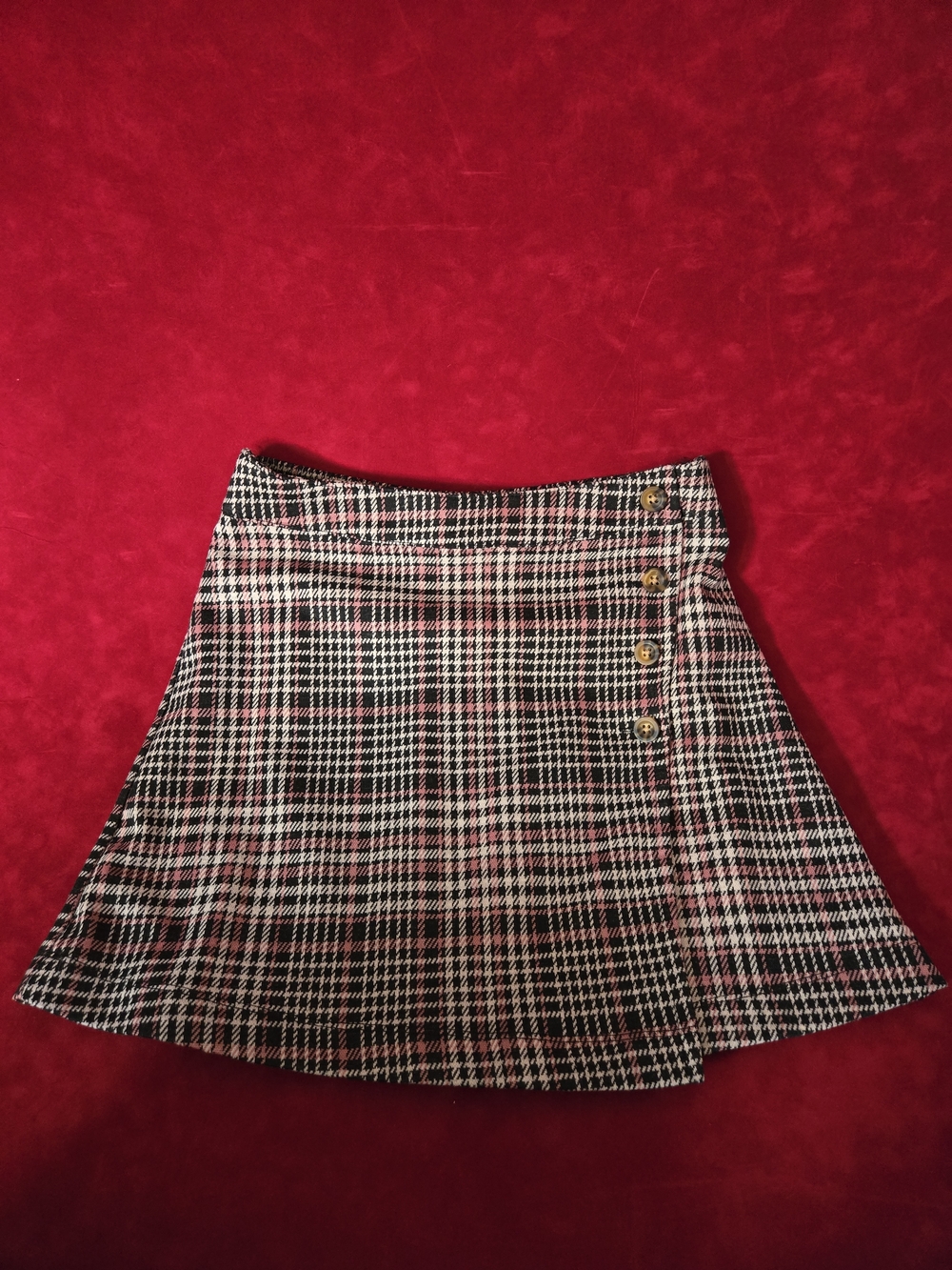 Plaid Pink & Black Skater Skirt with Side Button Detail